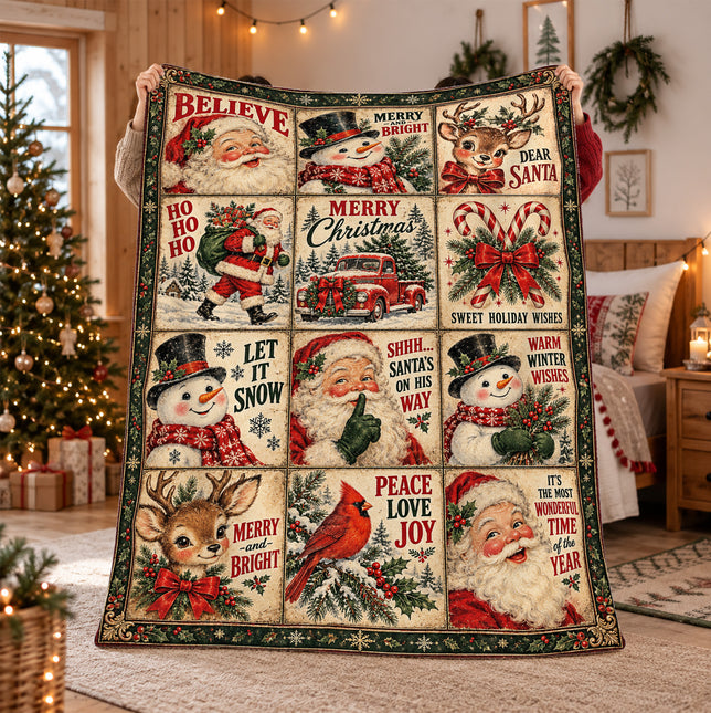 Vintage Christmas Patchwork Fleece Blanket Santa Snowman Holiday Greetings