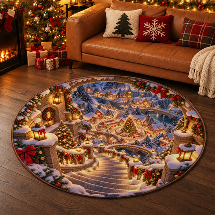 Christmas Village Round Rug Snowy Stairway Holiday Doormat