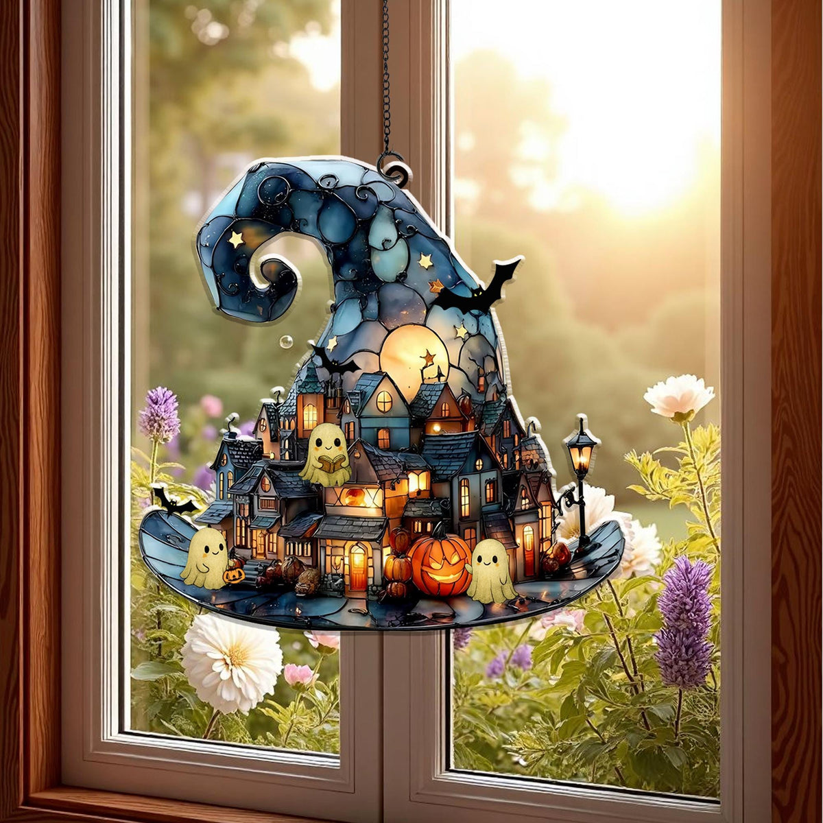 Witch Hat Village Acrylic Suncatcher, Halloween Town Faux Stained Glass Window Hanging,Spooky Home Decor For Halloween,Cute Ghost Suncatcher