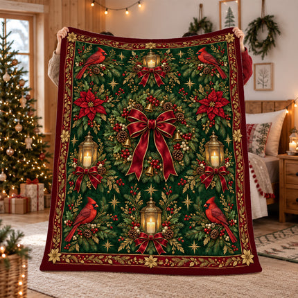 Christmas Fleece Blanket with Cardinal Lantern Wreath