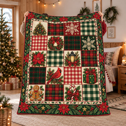 Christmas Patchwork Fleece Blanket Vintage Plaid Cardinal Poinsettia