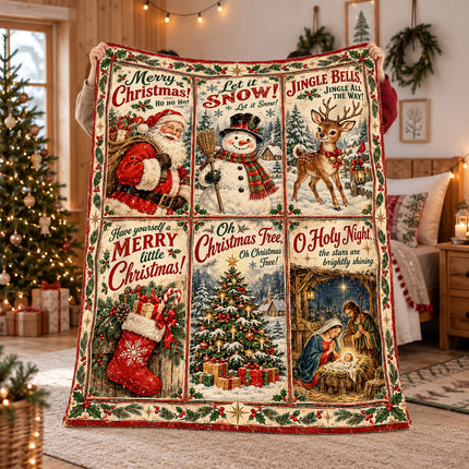 Christmas Nativity Fleece Blanket Vintage Santa Snowman Holiday Scenes