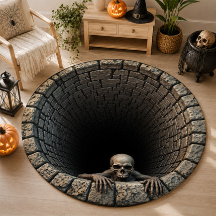 Halloween Round Rug Skull Haunted Well 3D Illusion Doormat