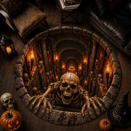Halloween Skeleton Dungeon Round Rug 3D Skull Horror Doormat