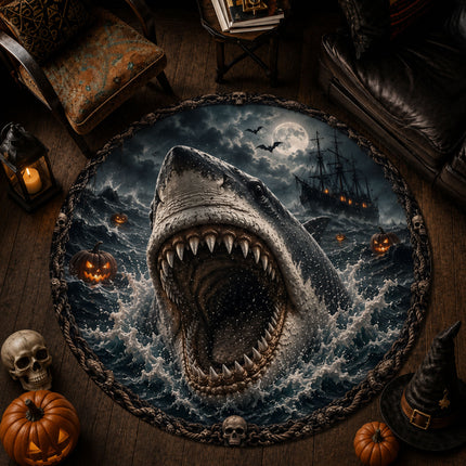 Halloween Shark Round Rug Haunted Ocean Pirate Ship Doormat