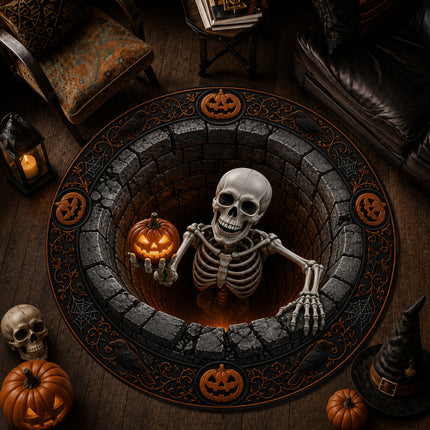 Halloween Round Rug Skeleton Pumpkin 3D Illusion Doormat