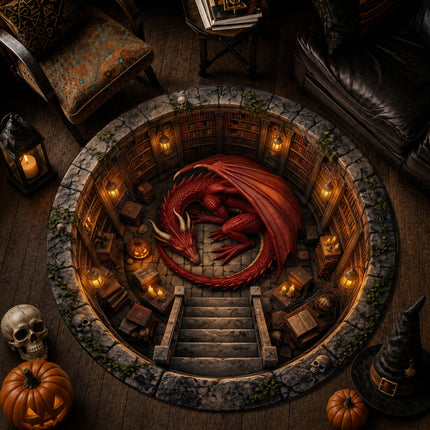 Halloween Round Rug Red Dragon Dungeon 3D Fantasy Doormat