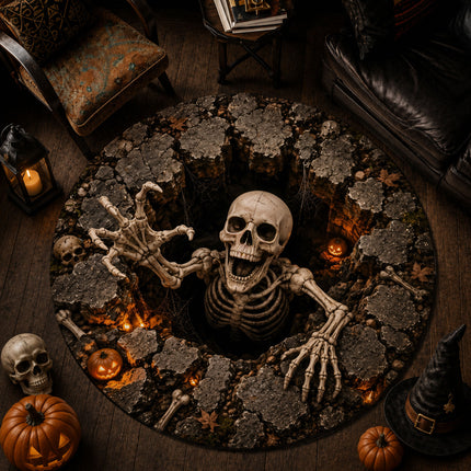 Halloween Skeleton Grave Pit Round Rug 3D Creepy Skull Doormat
