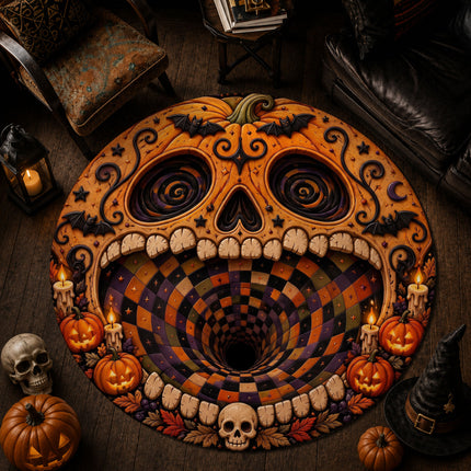 Halloween Round Rug Pumpkin Skull 3D Illusion Doormat