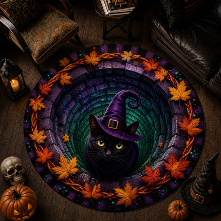Halloween Round Rug Black Cat Witch 3D Illusion Doormat