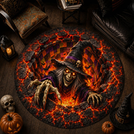 Halloween Witch Fire Pit Round Rug Scary Lava Monster Doormat