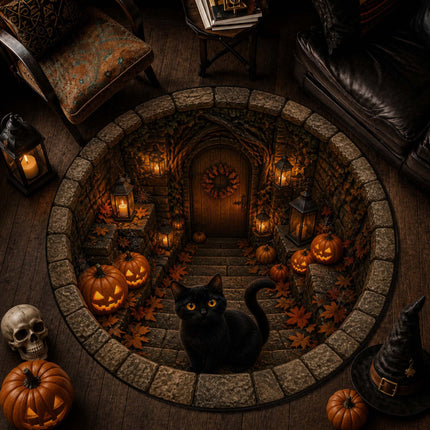 Halloween Round Rug Black Cat Pumpkin 3D Haunted Stairway Doormat