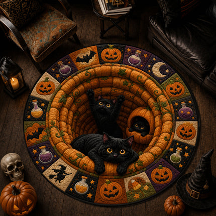 Halloween Round Rug Black Cat Pumpkin 3D Illusion Doormat