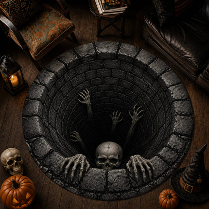 Halloween Round Rug Skeleton Well 3D Illusion Doormat