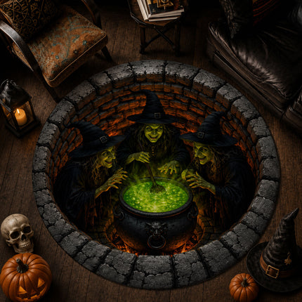 Halloween Round Rug Witches Cauldron 3D Illusion Doormat