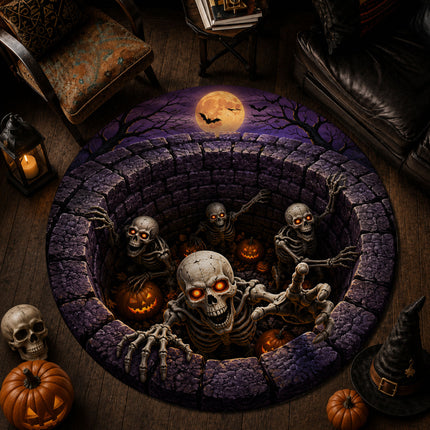 Halloween Round Rug Skeleton Grave 3D Illusion Doormat