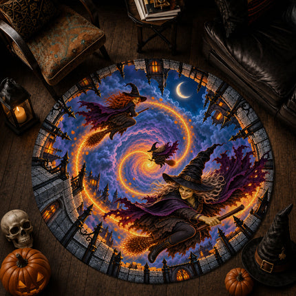 Halloween Flying Witch Portal Round Rug Haunted Castle Doormat