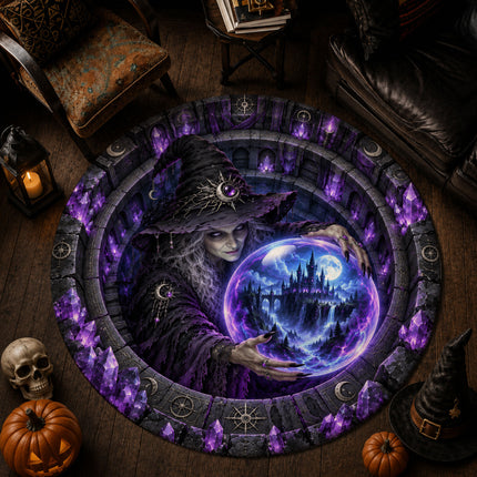 Halloween Crystal Ball Witch Round Rug Gothic Castle Doormat