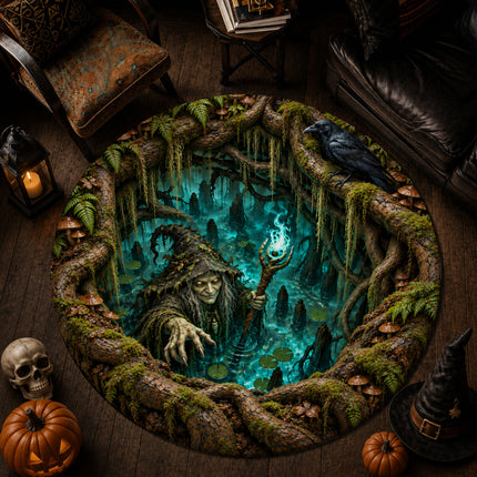 Halloween Swamp Witch Round Rug Haunted Forest Raven Doormat