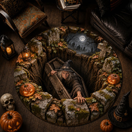 Halloween Witch Coffin Graveyard Round Rug Spooky Pumpkin Doormat