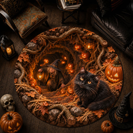 Halloween Black Cat Witch Cave Round Rug Pumpkin Doormat