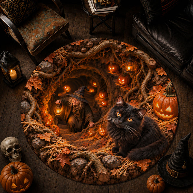 Halloween Black Cat Witch Cave Round Rug Pumpkin Doormat