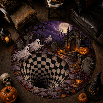 Halloween Round Rug Ghost Graveyard Moon 3D Illusion Doormat