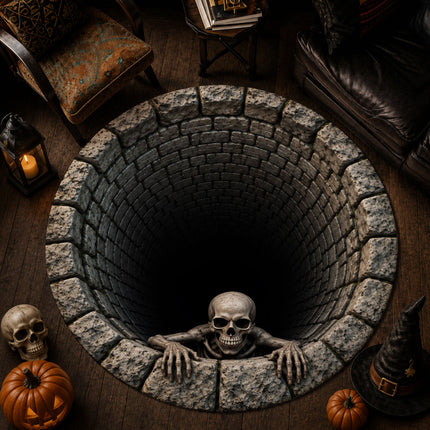Halloween Round Rug Skeleton Stone Well 3D Illusion Doormat
