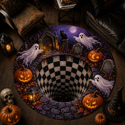 Halloween Round Rug Ghost Pumpkin Graveyard Illusion Doormat