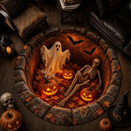 Halloween Round Rug Skeleton Ghost Pumpkin 3D Well Doormat