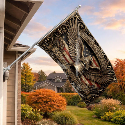 United States of America 250 Years of Freedom Ornate Bronze Eagle Liberty Bell House Flag