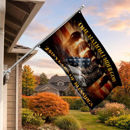 One Nation Under God Veteran Boots & Bible 250 Years House Flag