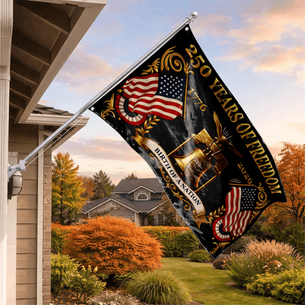 United States 250 Years of Freedom Birth of a Nation Gold Liberty Bell House Flag