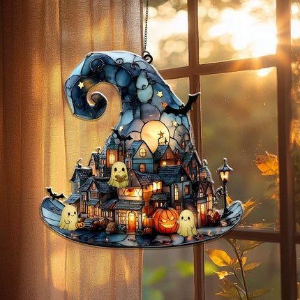 Witch Hat Village Acrylic Suncatcher, Halloween Town Faux Stained Glass Window Hanging,Spooky Home Decor For Halloween,Cute Ghost Suncatcher - Charming Present