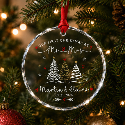 Personalized First Christmas Together Line Art Christmas Trees Couple Glass Ornament