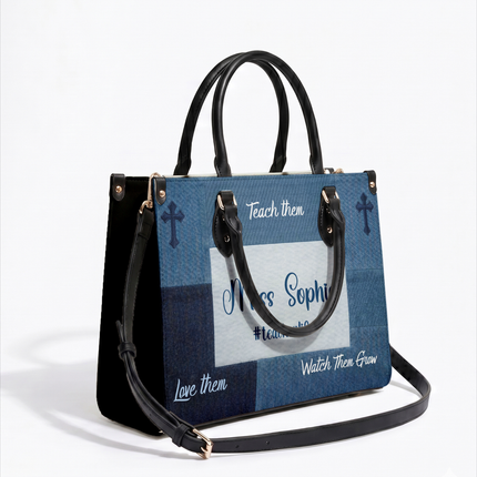 Personalized Teacher Leather Handbag Denim Floral Tiny Humans