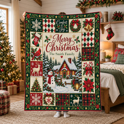 Personalized Family Christmas Fleece Blanket Snowman Winter Cottage