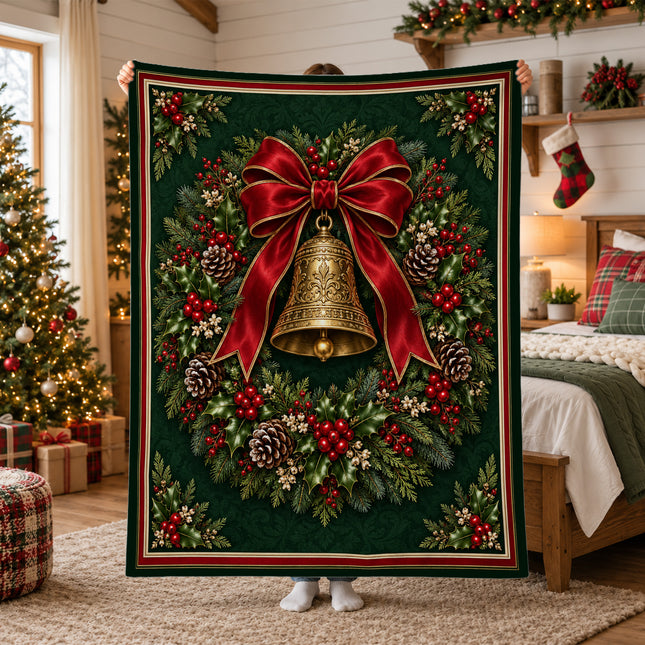 Christmas Fleece Blanket with Vintage Bell Wreath