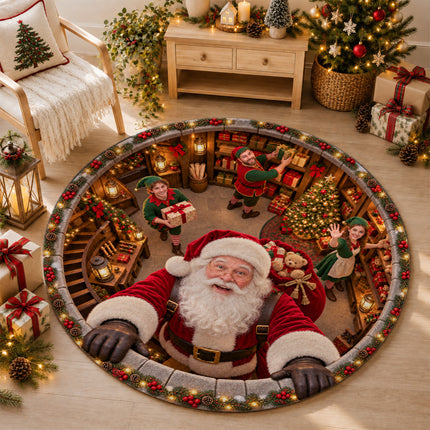 Santa's Workshop Christmas Round Rug North Pole Elves Doormat