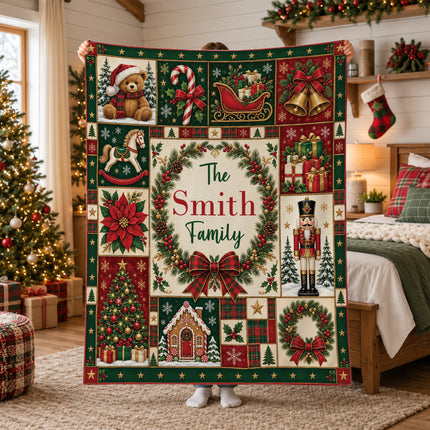 Personalized Family Christmas Fleece Blanket Custom Last Name Holiday Patchwork