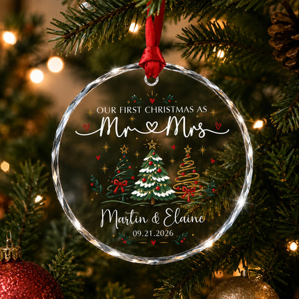 Personalized First Christmas Couple Glass Ornament with Christmas Trees and Hearts