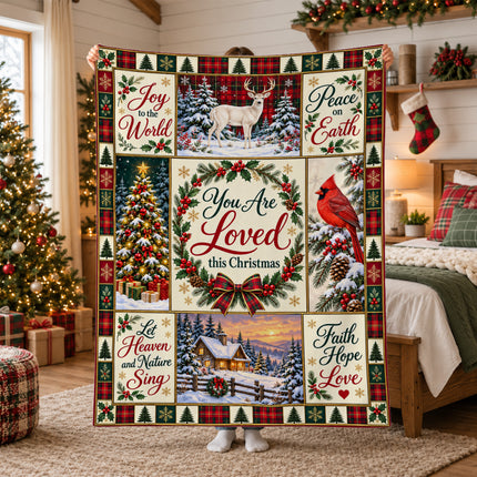 Christian Christmas Fleece Blanket You Are Loved Holiday Patchwork