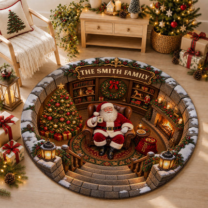 Personalized Santa Christmas Round Doormat Cozy Fireplace Family Name Rug
