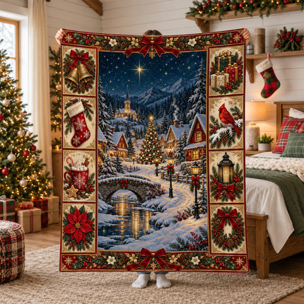 Christmas Fleece Blanket with Snowy Village Scene