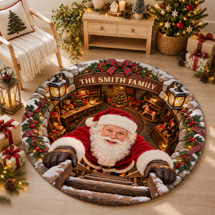 Personalized Santa Workshop Christmas Round Doormat Cozy Family Welcome Rug