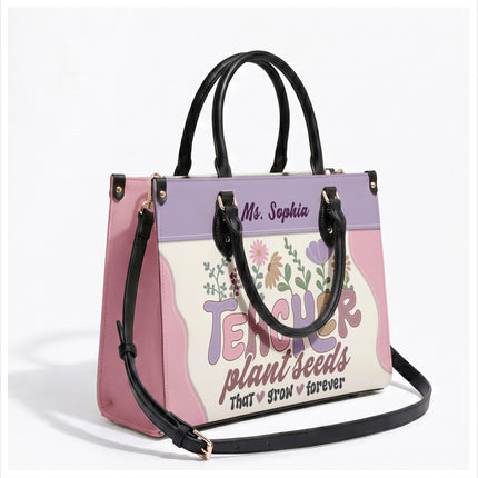 Personalized Teacher Leather Handbag Plant Seeds Floral