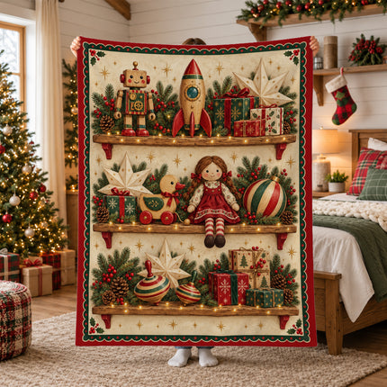 Christmas Fleece Blanket with Vintage Toy Shelf