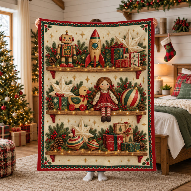 Christmas Fleece Blanket with Vintage Toy Shelf