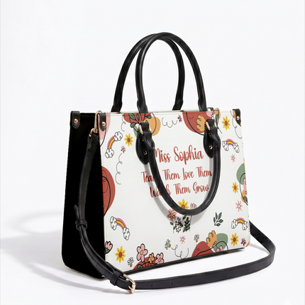 Personalized Teacher Leather Handbag Boho Floral Teach Love Grow