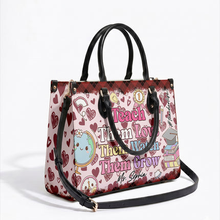 Personalized Teacher Leather Handbag Pink Plaid Hearts